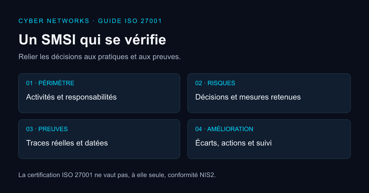 Parcours de préparation : définir le périmètre, traiter les risques, conserver les preuves et améliorer le SMSI.